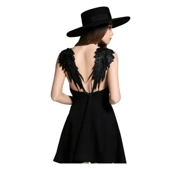 Black Angel Wing Back Skater Mini Zipper back Cocktail Party Dress Small NWT - Picture 2 of 10